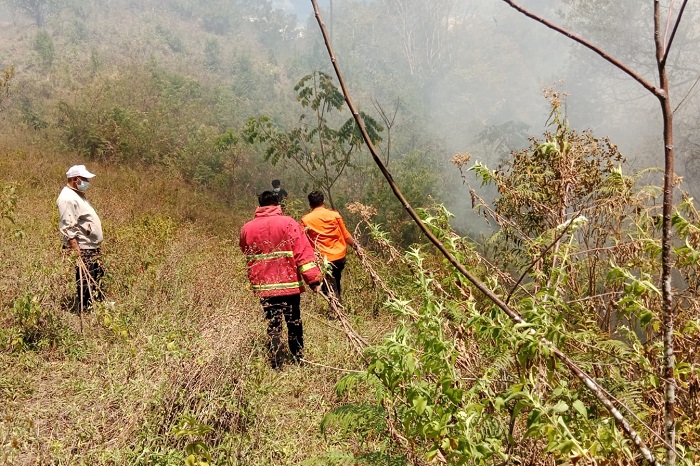 Satgas Manggala Agni Kabupaten Toba memadamkan api yang membakar tujuh hektar lahan di Desa Pagar Batu, Kecamatan Balige, Kabupaten Toba. (Dok. BPBD Kabupaten Toba)